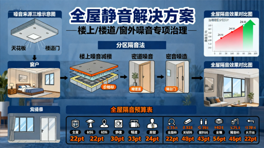 全屋隔音，楼上噪音，窗外噪音，楼道噪音，隔音吊顶，隔音窗，隔音门，隔音方案，立体声噪音，家居降噪，静音家装