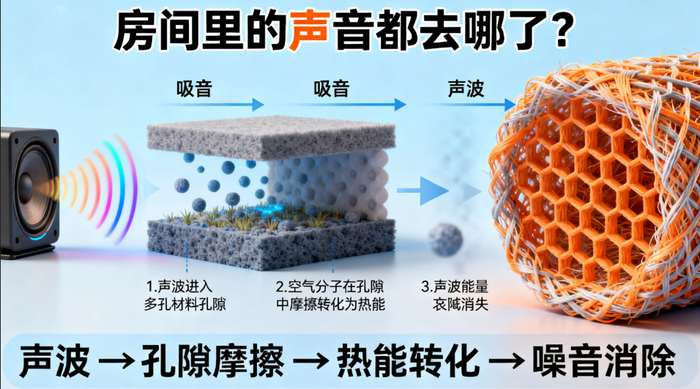 吸音原理，声音去哪了，图解吸音，噪音消除 吸音材料，隔音棉，吸音板，房间隔音 多孔吸声，共振吸声，声能转化热能
