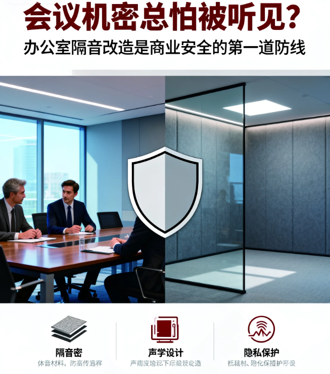 办公室隔音方案、企业机密泄露防护、会议室隔音装修、商业安全防线、办公室隔音工程