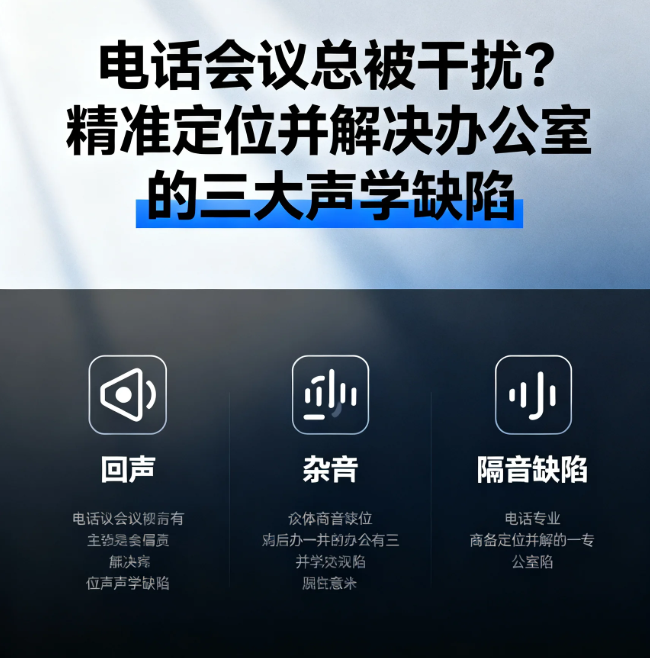 电话会议干扰，办公室声学缺陷，线上会议噪音，混响解决，语音私密性，办公室串音，背景噪音控制，会议清晰度，远程协作，声学设计， acoustics design， 视频会议体验