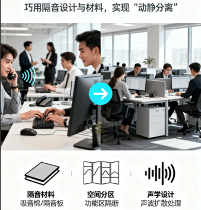 开放式办公噪音解决方案、办公室隔音材料选择、办公空间动静分离设计、开放式办公室隔音改造